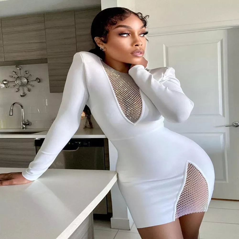 Mesh Diamond Long Sleeve Bodycon Dress