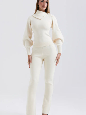 Knitted Set White Turn-down Collar Button Sweater Skinny Pant Suit