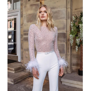 Straight Sequins Feather Stitching Long Sleeves Jumpsuit