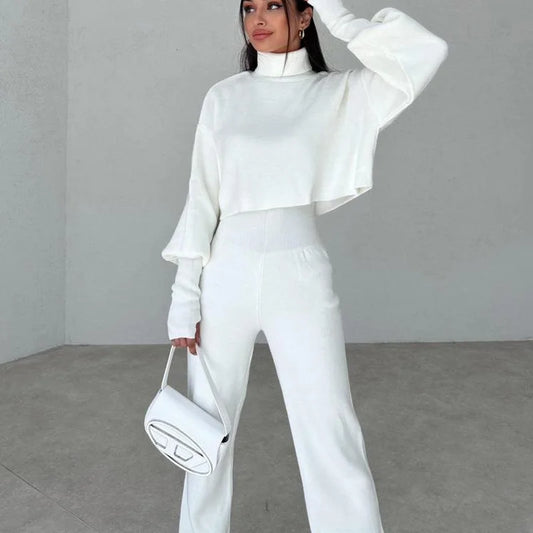 Turtleneck Top Pullover & High Waist Pants Suit