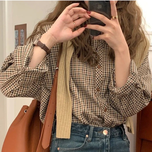 Plaid Shirts Retro Turn-down Collar Blouses